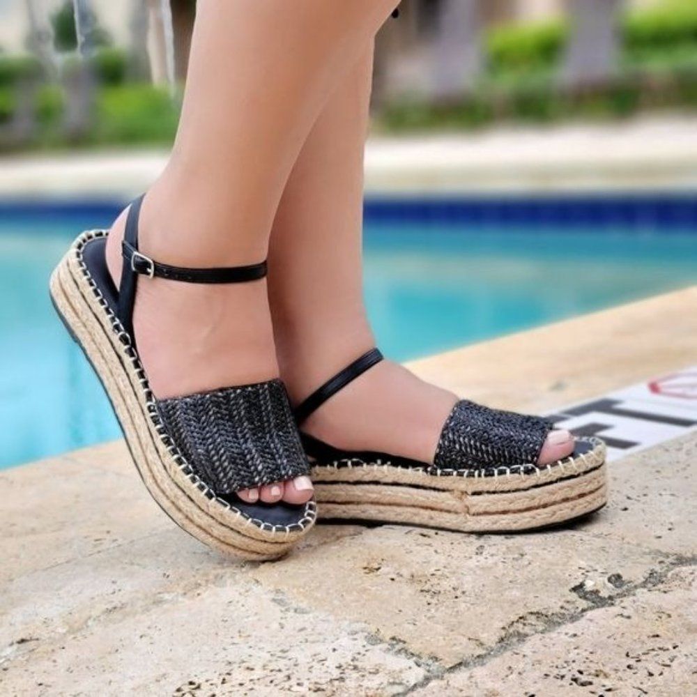Black Woven Color Espadrille Wedge Sandals Open Toe Faux Leather Women's - Picture 2 of 4